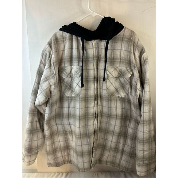 Avirex XL Button Flannel Faux Sherpa Lined Hoodie Beige Black Silver Thread rn#1 - Picture 2 of 7